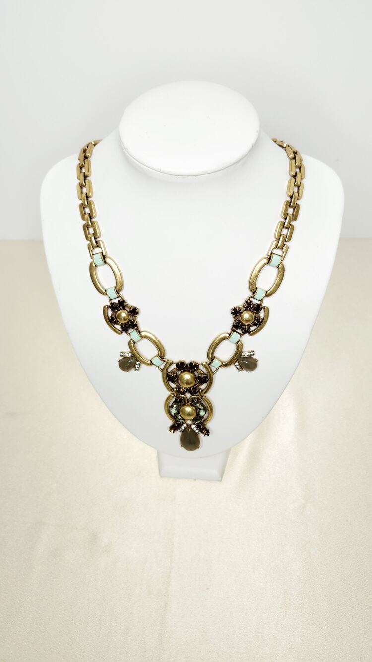 STELLA & DOT Livvy Brass Chain Link Smokey Quartz Teal Enamel Statement Necklace
